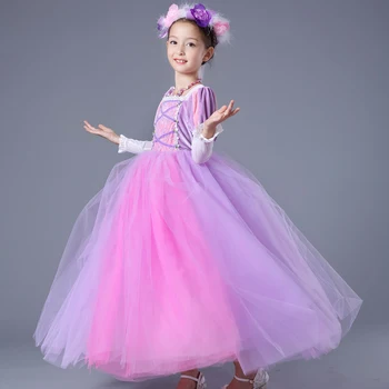 Chrismas Prinsesse Rapunzel dress Piger Klokkeblomst Kostume Tutu Lang Kjole til Halloween Cosplay Parti Fuld ærmer i lilla Tøj