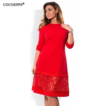 COCOEPPS L-6XL elegante blå kvinder kjole store størrelser Efteråret o-hals løs kjoler plus size knælang kjole sort rød casual kjole