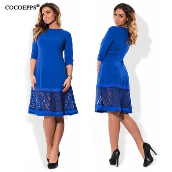 COCOEPPS L-6XL elegante blå kvinder kjole store størrelser Efteråret o-hals løs kjoler plus size knælang kjole sort rød casual kjole