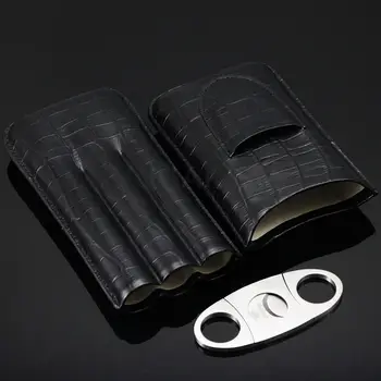 COHIBA 160mm*53 Black Leather Croco Præget 3 Rør Cigar Indehaveren Tilfælde Cutter