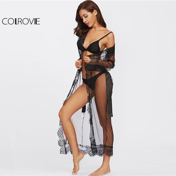 COLROVIE 2018 Eyelash Lace Trim Plus Size Mesh Kjortel Med Bælte, Sort langærmet Ankel-længde Kimono Bluse Kvinder Sexet Nattøj