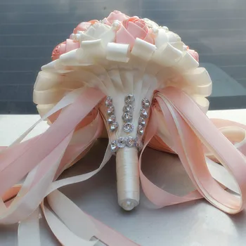 Coral Pink Ivory, Champagne Satin Rose Festival Sy Buketter Brugerdefinerede Bånd Bryllup Brude Buket Blomster Farve Option W224A-6