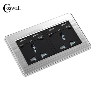 COSWALL 146 UK Universal-Dobbelt-Stik med 4 USB-Opladning Port Til Mobile Output 5V 2.1 mA Stikkontakt i Væggen i Rustfrit Stål Panel