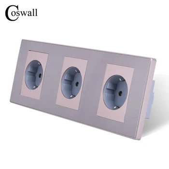 Coswall 16A EU-Standard-Outlet Luksus Væg 3-Vejs Stikdåse Enchufe Børstet Sølv Panel Elektriske Stik AC 110~250V