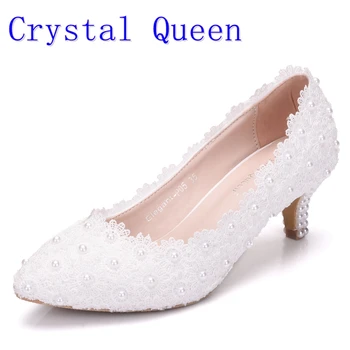 Crystal Dronning Kvinder Sko Hvid Lace Wedding Sko 5CM Høje Hæle Sko Hvid Lace Søde Pumper Prinsesse Party Hæle