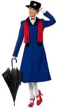 Custimzied Mary Poppins Kjole Mary Poppins Cosplay Kostume blå lang frakke+skjorte+hat+tørklæde+handsker