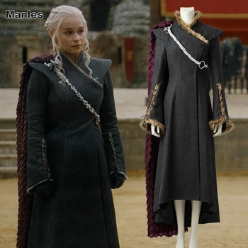 Daenerys Targaryen Cosplay Kostume Game of Thrones Sæson 7 Outfit Fancy Kjole Sort Tøj Halloween Kappe, Støvler Voksne Kvinder