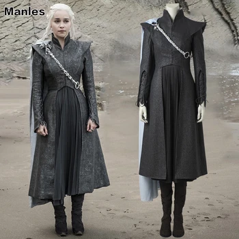 Daenerys Targaryen Kostume Game of Thrones Sæson 7 Cosplay Fancy Kjole Sort Tøj, Støvler Kappe Halloween, Karneval Custom Made