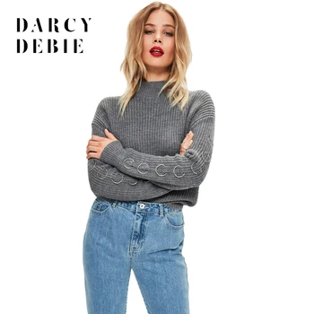 Darcydebie Efteråret Solid Grå Vintage Kvinder Turtleneck Sweater Full Sleeve Stål Ring Dame Toppe Casual Preppy Stil Pullovere