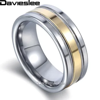 Davieslee Herre Drenge Gul Guld Center Band Ring i Tungsten Bryllup Engagement Silver 8mm LTR24