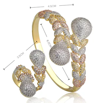 Dazz Luksus Rhinestones Bryllup Smykker Sæt Tre Farve Lag Kobber Fletning Form Bangle Ring Set Fuld Zircons Part Bijoux