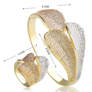 Dazz Mode Luksus Tre Farver Forlader Form Bangle Ring Set Kobber Zircons Smykker Sæt, Kvinder, Piger Europa Størrelse Bijuterias