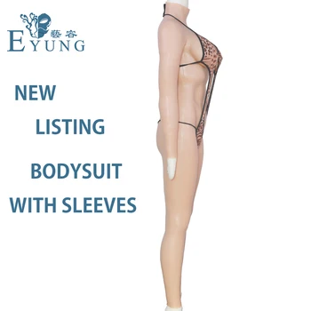 Dcup silikone bryster, vagina Bodysuit for Transvestit Zentai suit med ærmer og bryst former Transseksuel falske fisse catsuit