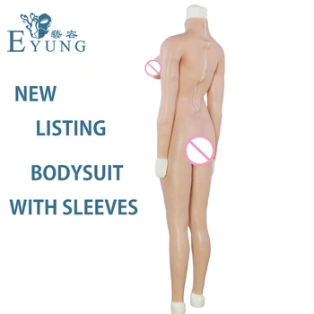 Dcup silikone bryster, vagina Bodysuit for Transvestit Zentai suit med ærmer og bryst former Transseksuel falske fisse catsuit