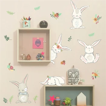 Dejlig Kanin Blomst Wall Sticker Til Børn Værelser Soveværelse Home Decor Tegnefilm Dyr Vægoverføringsbillede Pvc Vægmaleri Kunst Diy-Plakat