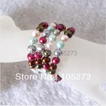 Dejlig Perle Smykker 8inch 4Rows AA 7-8MM Multi Farve Naturlige Ferskvands Perle Armbånd Mode Lady ' s Style Nye Gratis Fragt