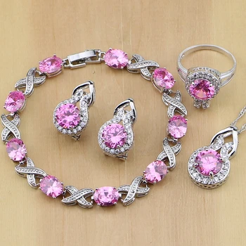 Dejlig Pink Cubic Zirconia 925 Sølv Smykker Til Kvinder Bryllup Øreringe/Vedhæng/Halskæde/Ringe/Armbånd