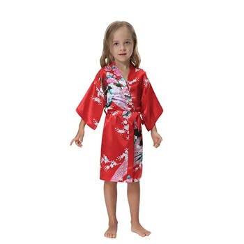 Dejlige Piger' Satin Kimono Peacock Blomst Robe For Spa-Fest Bryllup Fødselsdag Børn Robe Enfant Morgenkåbe Børn Morgenkåbe