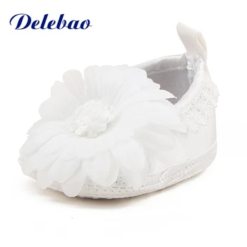 Delebao Sun Flower Design Barnedåb/Dåb Baby Sko Til Nyfødte (0-12 Måneder) Unikke Ren Hvid Bomuld Prinsesse Sko