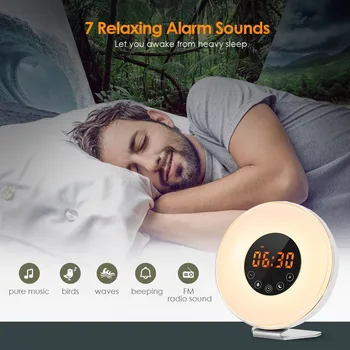 DEWEL LED Digital Vækkeur Sunrise Wake Up Light Simulering sengelampe, Nat Lys Snooze/Sunset FM-Radio Memory-Funktion