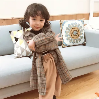DFXD koreansk Stil Kids Tøj Foråret Pige Jakke 2018 Lang Plaid Single-breasted Mode Outwear Høj Kvalitet Børn Pels