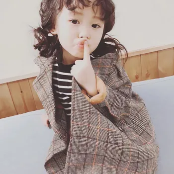 DFXD koreansk Stil Kids Tøj Foråret Pige Jakke 2018 Lang Plaid Single-breasted Mode Outwear Høj Kvalitet Børn Pels