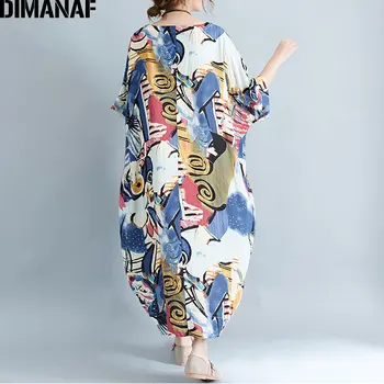 DIMANAF Plus Size Kjole Kvinder Sommer Patchwork Mønster Print Vintage Linned Klæde Kvindelige Casual Mode Oversize Elegante Kjoler