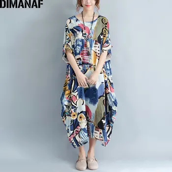 DIMANAF Plus Size Kjole Kvinder Sommer Patchwork Mønster Print Vintage Linned Klæde Kvindelige Casual Mode Oversize Elegante Kjoler