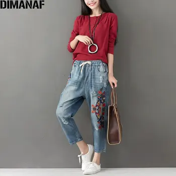 DIMANAF Plus Size Kvinder Jeans Efteråret Harem Bukser Broderi Blomster Elastisk Kinesisk Stil Vintage 2017 Vinter Jeans, Oversize 3XL