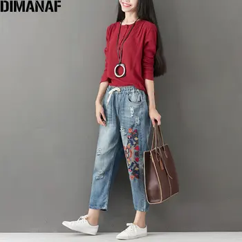 DIMANAF Plus Size Kvinder Jeans Efteråret Harem Bukser Broderi Blomster Elastisk Kinesisk Stil Vintage 2017 Vinter Jeans, Oversize 3XL
