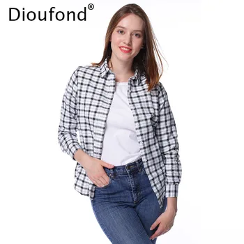 Dioufond Efteråret Plaid Shirt Kvinder Regelmæssig langærmet Ternet Skjorte Afslappet Bomuld Kvindelige Slank Overtøj Toppe Blusas S-5XL
