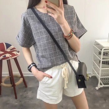 Dioufond Koreansk Stil Ternet Kortærmet Skjorter Kvinder, Modetøj Sommeren Afslappet Bomuld Dame Toppe Løs O-Hals Bluse