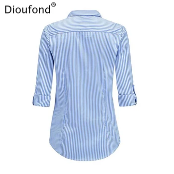 Dioufond Stribet Kvinder med Lange Ærmer Damer Office-Shirts Blå Striber Regelmæssig Turn down Krave Lomme Bluse Shirt Blusas 2017