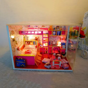 Diy dukkehus miniature piges soveværelse træ dukke hus søde værelses Opbygning af Model Møbler M002