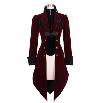 Djævelen Mode Gotiske Vintage Lang Swallowtail Frakke for Kvinder Steampunk Sort Rød Efterår og Vinter Fløjl Jakker Overfrakker