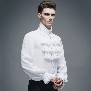 Djævelen Mode Victorianske Mænd Gotiske Flæse Slips, Skjorte Punk Sort Hvid Smoking skjorte med Blonder Manchetter Mandlige Silke Bluser Top