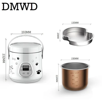 DMWD Multifunktion Elektrisk mini ris komfur varme frokost boks gryderet, suppe timing Madlavning Maskine æg damper mad madkassen 1,6 L