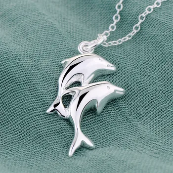 Dobbelt delfiner lyse sølv forgyldt halskæde til kvinder sølv vedhæng Smykker gratis fragt dejlige gaver, Smykker GY-AN359