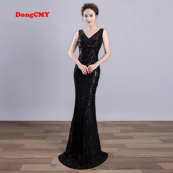 DongCMY 2018 Nye WT01568 Sexet Lang Formel Aften kjole Sort Farve Kvindelige V-hals Mermaid Party Kjoler