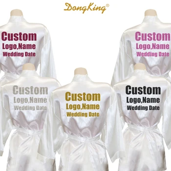 DongKing Brugerdefinerede LOGO Kort Stil Klæder Brude Fest Kimono Kjole Personliggøre Bryllup Part Guld Glimmer Print Satin Klæder