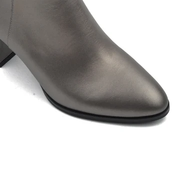 Donna-i 2018 Klassisk elegant Ankel Støvler rund Tå tykke hæle kvinder sko metallisk tin ægte læder Damer enkelt støvler