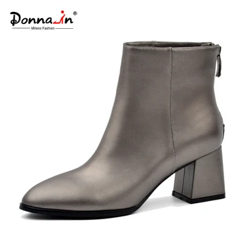 Donna-i 2018 Klassisk elegant Ankel Støvler rund Tå tykke hæle kvinder sko metallisk tin ægte læder Damer enkelt støvler
