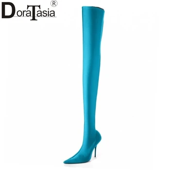 DoraTasia helt nye store størrelse 34-48 over knæet støvler tynde høje hæle kvinde sexet fest sko kvinder støvler spids tå Satin