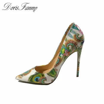DorisFanny kvinde sko 2017 girls sexy høje hæle trykt multi farver stiletter 12-10-8cm bryllup sko