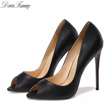 DorisFanny peep toe sort sexy høje hæle kvinder i ægte læder sko 2017 fashion kvinder pumper stor størrelse 34-45