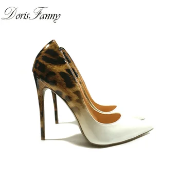 DorisFanny Ægte Patent Læder Hvid Leopard Kvinder bryllup sko ultra tynde høje hæle pumper størrelse 34-45