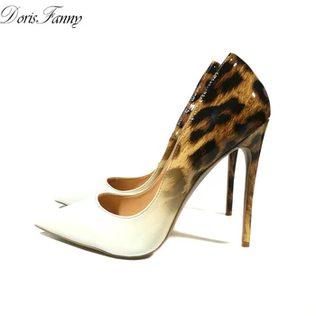 DorisFanny Ægte Patent Læder Hvid Leopard Kvinder bryllup sko ultra tynde høje hæle pumper størrelse 34-45