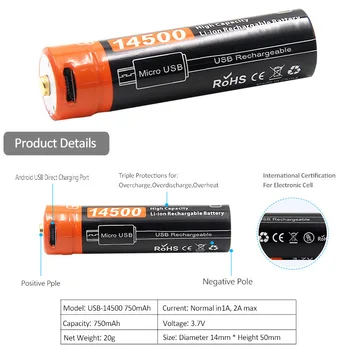 Doublepow 3,7 V 750mAh 14500 Li-ion Genopladeligt Batteri Faktiske Kapacitet med USB DC-Opladning Intelligent Celle for LED Forlygte
