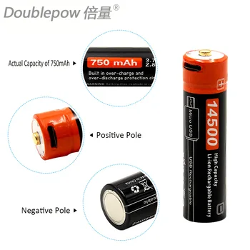 Doublepow 3,7 V 750mAh 14500 Li-ion Genopladeligt Batteri Faktiske Kapacitet med USB DC-Opladning Intelligent Celle for LED Forlygte
