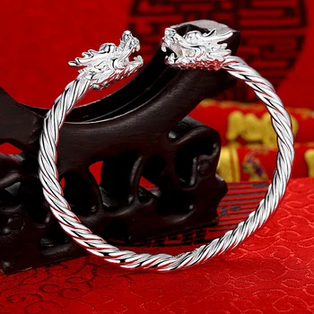 Dragon Hoved Twist Reb Form 999 Sterling Sølv Armbånd Åbnet Solid Par Smykker Fødselsdag Gave Mænd Pulseiras Classic